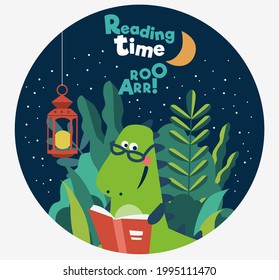 Funny dinosaur reads a book on swing