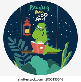 Funny dinosaur reads a book on swing