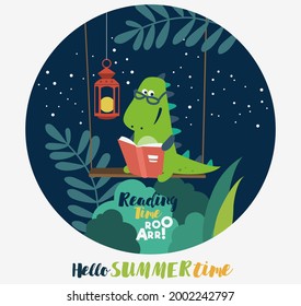 Funny dinosaur reads a book on swing
