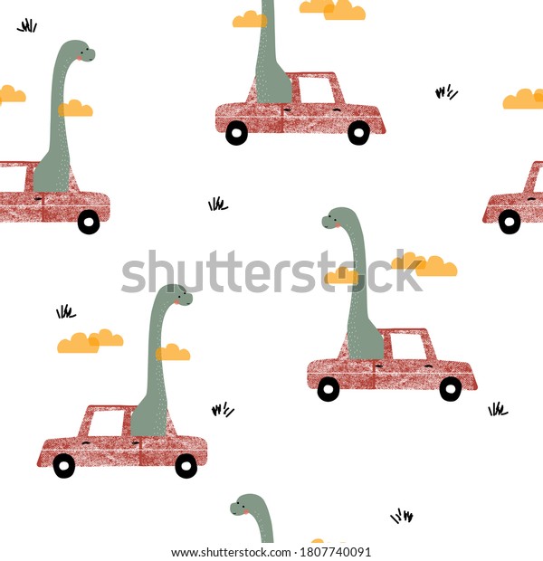 Funny dinosaur in the red car\
seamless pattern. Kids print. Vector hand drawn\
illustration.