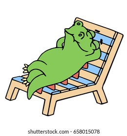 Funny dinosaur resting on a deck-chair. Vector illustration. Cute cartoon character. Chair on separate layer.