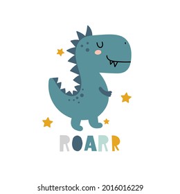 Funny dinosaur rex clipart with text isolated on white. Cute vector illustration for kids. Can be used for t shirt print design for baby fashion, posters or greeting and invitation card.