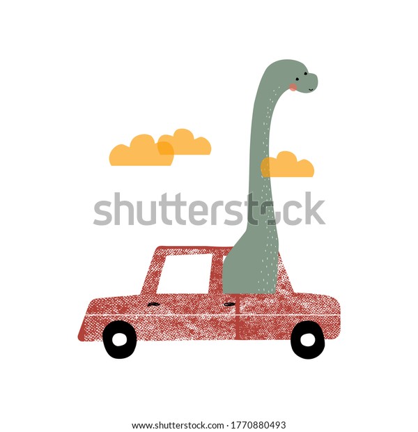 Funny dinosaur rides in the car. Kids\
trendy graphic. Vector hand drawn\
illustration.
