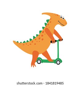 Funny dinosaur rides a scooter in cartoon style isolated on a white background. Bright cute animal characters for kids. Vector illustration