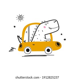 Funny dinosaur rides in a yellow car. Vacation travel concept. Children's illustration made in vector. Design for shirt design, fashion print design, kids wear, greeting card.