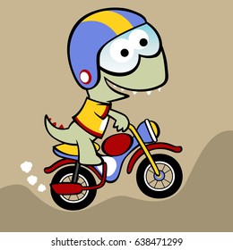 Funny dinosaur riding motorcycle, vector cartoon illustration