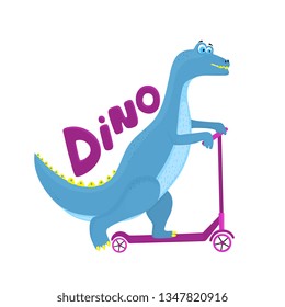 Funny dinosaur riding a scooter cartoon character