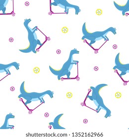 Funny dinosaur riding a scooter cartoon character. Seamless pattern for nursery, fabric, textile, kids apparel.