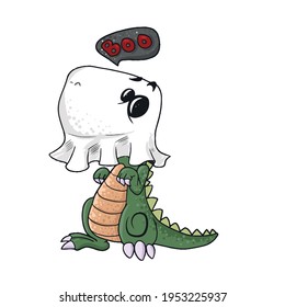 Funny Dinosaur scares.Children's vector design on a white isolated background for banners and postcards.