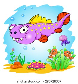 Funny dinosaur in a sea. Cartoon and vector isolated character on background.
