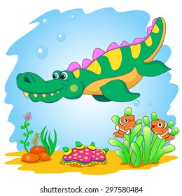 Funny dinosaur in a sea. Cartoon and vector isolated character on background.