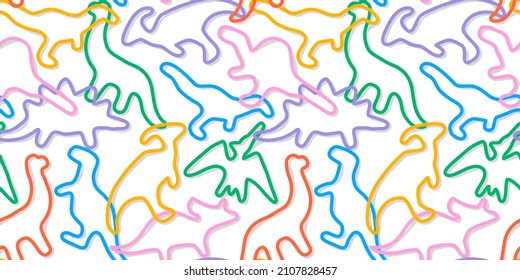 Funny dinosaur shape seamless pattern. Abstract children decoration background, colorful kid backdrop with t-rex, pterodactyl and velociraptor shapes.