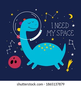 Funny dinosaur in space. Cute dinosaur cosmonaut. Dinosaur in outer space. Vector hand-drawn color children's illustration. Baby print. Good for posters, textiles, t shirts.