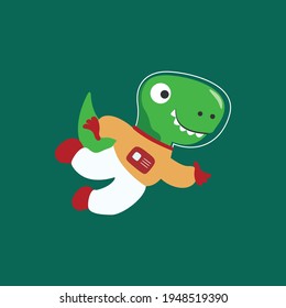 Funny dinosaur in space. Dinosaur in outer space. Vector hand-drawn color children's illustration background for fabric, textile, nursery wallpaper, poster, card, brochure. and other decoration.