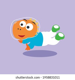 Funny dinosaur in space. Dinosaur in outer space. Vector hand-drawn color children's illustration background for fabric, textile, nursery wallpaper, poster, card, brochure. and other decoration.