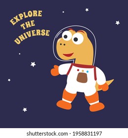 Funny dinosaur in space. Dinosaur in outer space. Vector hand-drawn color children's illustration background for fabric, textile, nursery wallpaper, poster, card, brochure. and other decoration.