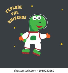 Funny dinosaur in space. Dinosaur in outer space. Vector hand-drawn color children's illustration background for fabric, textile, nursery wallpaper, poster, card, brochure. and other decoration.