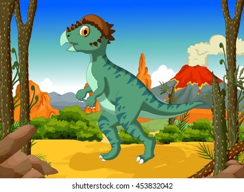 funny Dinosaur Stegoceras cartoon with forest landscape background