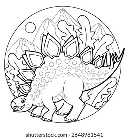 Engraçado estegossauro de dinossauro. Desenho linear em preto e branco. Isolado no fundo branco. Para crianças de design de livros de colorir, impressões, cartazes, cartões, adesivos, etc. Ilustração vetorial