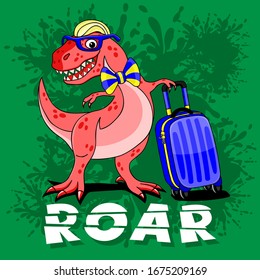 Funny dinosaur with a suitcase on a green background.