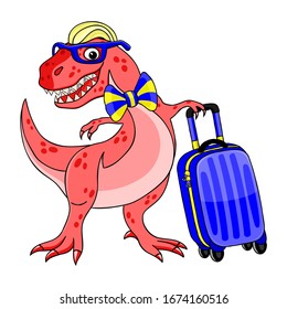 Funny dinosaur with a suitcase on a white background.