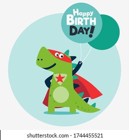 Funny dinosaur in superhero costume with balloons. Super Dino. Cartoon superhero standing with cape waving in the wind