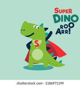 Funny dinosaur in superhero costume. Super Dino. Cartoon superhero standing with cape waving in the wind