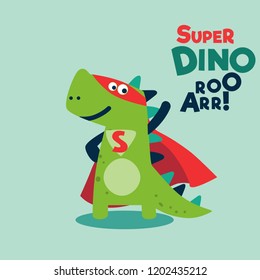 Funny dinosaur in superhero costume. Super Dino. Cartoon superhero standing with cape waving in the wind