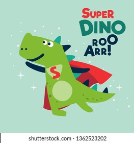 Funny dinosaur in superhero costume. Super Dino. Cartoon superhero flying with cape waving in the wind