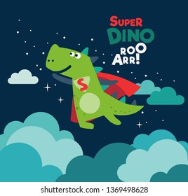 Funny dinosaur in superhero costume. Super Dino. Cartoon superhero flying with cape waving in the wind