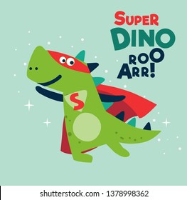 Funny dinosaur in superhero costume. Super Dino. Cartoon superhero flying with cape waving in the wind