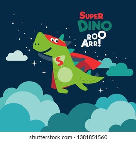 Funny dinosaur in superhero costume. Super Dino. Cartoon superhero flying with cape waving in the wind