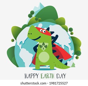 Funny dinosaur in superhero costume. Super Dino. Cartoon superhero standing with cape waving in the wind. Happy Earth day vector illustration. Eco friendly ecology concept