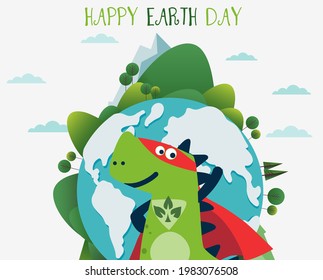 Funny dinosaur in superhero costume. Super Dino. Cartoon superhero standing with cape waving in the wind. Happy Earth day vector illustration. Eco friendly ecology concept