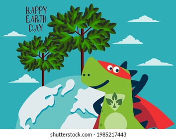 Funny dinosaur in superhero costume. Super Dino. Cartoon superhero standing with cape waving in the wind. Happy Earth day vector illustration. Eco friendly ecology concept