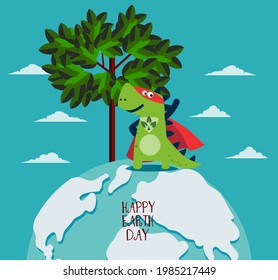 Funny dinosaur in superhero costume. Super Dino. Cartoon superhero standing with cape waving in the wind. Happy Earth day vector illustration. Eco friendly ecology concept