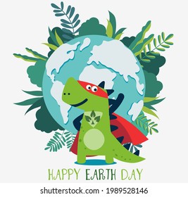 Funny dinosaur in superhero costume. Super Dino. Cartoon superhero standing with cape waving in the wind. Happy Earth day vector illustration. Eco friendly ecology concept