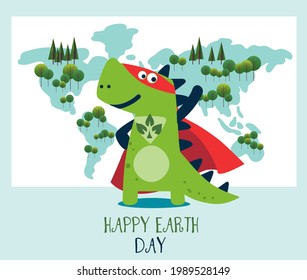 Funny dinosaur in superhero costume. Super Dino. Cartoon superhero standing with cape waving in the wind. Happy Earth day vector illustration. Eco friendly ecology concept