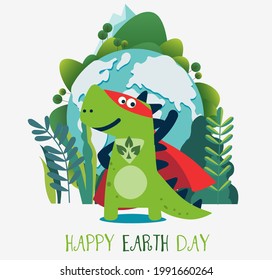 Funny dinosaur in superhero costume. Super Dino. Cartoon superhero standing with cape waving in the wind. Happy Earth day vector illustration. Eco friendly ecology concept