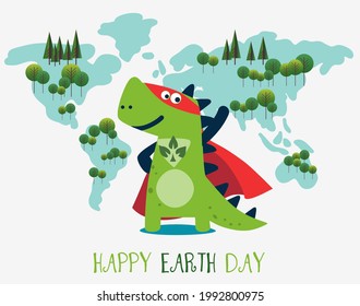 Funny dinosaur in superhero costume. Super Dino. Cartoon superhero standing with cape waving in the wind. Happy Earth day vector illustration. Eco friendly ecology concept