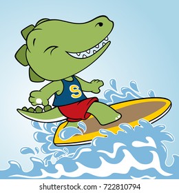 Funny dinosaur surfing, vector cartoon illustration