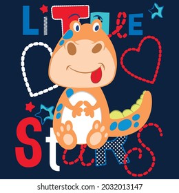 Funny dinosaur with tongue sticking out,hearts and stars ,text and navy blue background