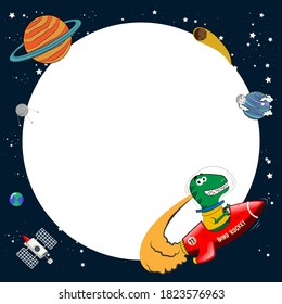 A funny dinosaur travel arround the space visit some planets. vetor illustration. Portrait template for kids