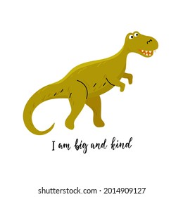 Funny dinosaur Tyrannosaurus in cartoon style with lettering. Vector color illustration in flat style with line elements.