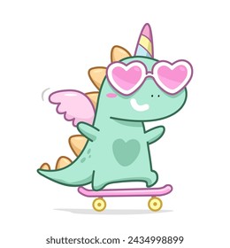 Funny Dinosaur Unicorn ride on skate board. Caroon  Dinosaur kid or Unicorn with wings and skate board. Funny Baby Dinocorn for kids apparel print design and stickers. (Doodle vector)