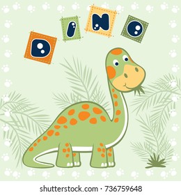 Funny dinosaur vector cartoon eating leaves in footpath frame border