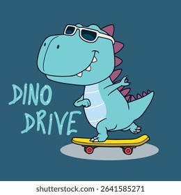 Funny dinosaur. Vector funny dinosaur teenager riding kick scooter isolated on white background. Happy cartoon comic prehistoric creature having fun illustration