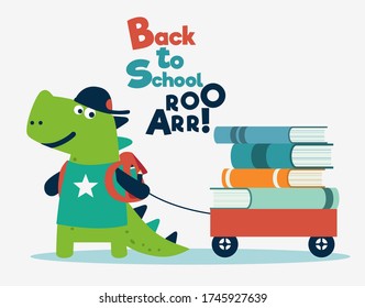 Funny dinosaur with wagon cart and books