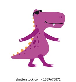 Funny dinosaur wearing black glasses in cartoon style isolated on a white background. Bright cute animal characters for kids. Vector illustration