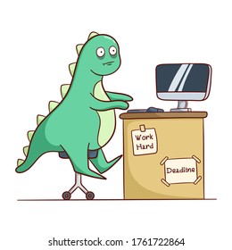 lustige Dinosaurier arbeiten hart im Büro mit Computer